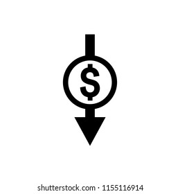 Cost reduction icon. Dollar Down Icon. dollar decrease icon. Money symbol with arrow stretching rising drop fall down.