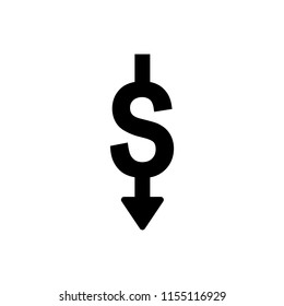 Cost reduction icon. Dollar Down Icon. dollar decrease icon. Money symbol with arrow stretching rising drop fall down.