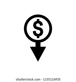 Cost reduction icon. Dollar Down Icon. dollar decrease icon. Money symbol with arrow stretching rising drop fall down.