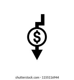 Cost reduction icon. Dollar Down Icon. dollar decrease icon. Money symbol with arrow stretching rising drop fall down.