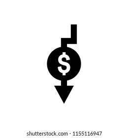 Cost reduction icon. Dollar Down Icon. dollar decrease icon. Money symbol with arrow stretching rising drop fall down.