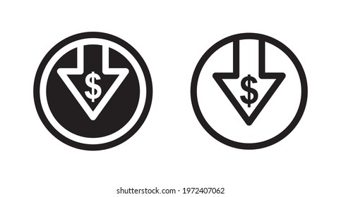 Cost reduction icon. Dollar down icon, dollar decrease. Cost price low, vector.