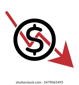 Icono de reducción de costes. Vector de Icono de Dólar Down. Símbolo de icono de correo Vector. símbolo para Sitio web Ordenador y Vector móvil 10Eps
