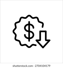 Icono de reducción de costos. Icono de dólar abajo. Ilustración vectorial para el Diseño web. Aislado sobre fondo blanco.