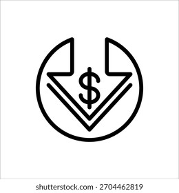 Ícone de redução de custo. Ícone De Dólar Para Baixo. Ilustração vetorial para web design. Isolado no fundo branco.