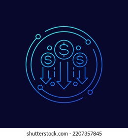 icono de reducción de costes con el dólar, diseño lineal