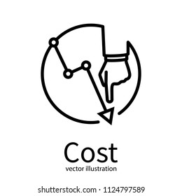 Cost Reduction Icon. Cost Down Concept. Businessman With Hand Lowers Arrow Of The Graph. Vector Illustration Flat Minimal Line Design. Isolated On Background. Decrease Down Profit. Declining Chart. 