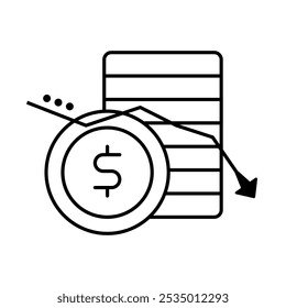 Icono de reducción de costos: flecha descendente que corta una pila de monedas, lo que significa una disminución de los gastos