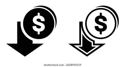 Cost reduction icon with downward arrow and dollar sign. Vector illustration of a cost reduction icon featuring a downward arrow and dollar symbol. Perfect for business, finance, and economy.