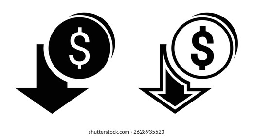 Cost reduction icon with downward arrow and dollar sign. Vector illustration of a cost reduction icon featuring a downward arrow and dollar symbol. Perfect for business, finance, and economy.