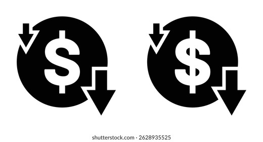 Cost reduction icon with downward arrow and dollar sign. Vector illustration of a cost reduction icon featuring a downward arrow and dollar symbol. Perfect for business, finance, and economy.
