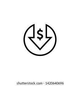 Cost reduction icon Flat . Dollar Down Icon Vector