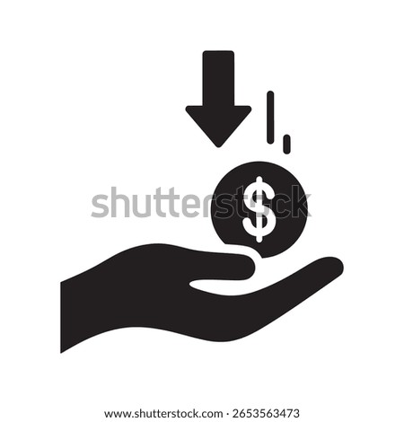Cost reduction icon with a hand receiving a coin representing a price drop a financial refund a business rebate or a decrease in income vector solid glyph icon