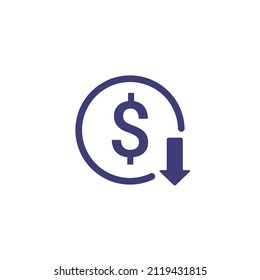 Cost reduction icon price lower arrow. Vector low cost money crisis line icon