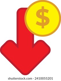 Cost reduction icon price lower arrow. Vector low cost money crisis line icon