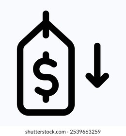 Cost Reduction Icon Price Lower Arrow, Vector Low Cost Money Crisis Icon, Isolated Lineal Vector Icon.