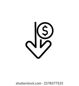 Cost reduction icon price lower arrow. Vector low cost money crisis line icon