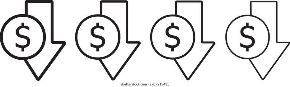 Icono de reducción de costos Precio de flecha inferior, iconos de ganancias y pérdidas, Precio de reducción, símbolo de dólar con una flecha hacia abajo,
