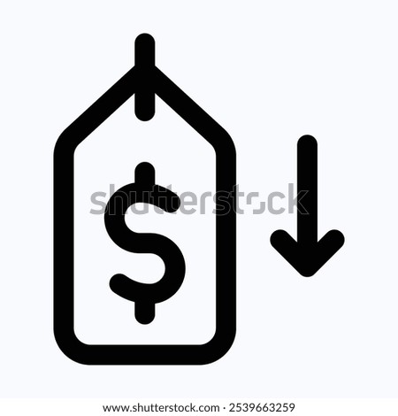 Cost Reduction Icon Price Lower Arrow, Vector Low Cost Money Crisis Icon, Isolated Lineal Vector Icon.