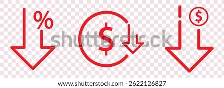 Cost reduction icon price lower arrow. Vector low cost money crisis line icon.