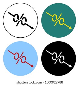 Cost reduction icon. Rate cut vector template. Percent down line. Dollar 
decrease. Money arrow symbol. Economy stretching rising drop fall down. Lower cost, reduction bankrupt icon. Discount flat tag