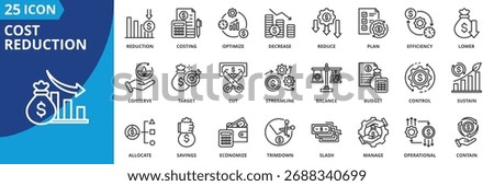 cost reduction icon set collection in outline style. icon pack contain savings, efficiency, cut, reduce, optimize, lower, minimize, control, budget, slash
