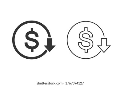 Cost reduction icon set. Dollar Down Icon vector