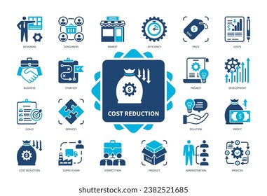 Juego de iconos de Reducción de Costes. Mercado, Competencia, Eficiencia, Administración, Cadena de Suministro, Producto, Consumidores, Beneficios. Iconos sólidos de color Duotone