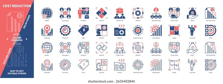Cost Reduction icon set. Market, Competition, Efficiency, Administration, Supply Chain, Product, Consumers, Profit. Duotone color solid and editable outline icons
