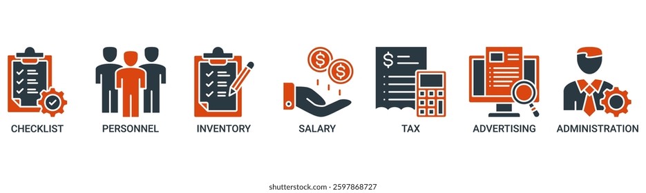 Cost reduction icon set. Vector illustration concept with icon of checklist, personnel, inventory, salary, tax, advertising and administration icons. Solid color vector symbol background.