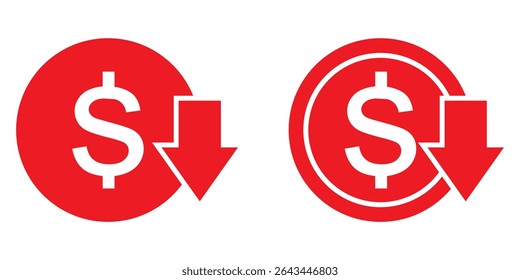 Cost Reduction icon set vector for computer, web and mobile apps. Dollar down icon. Dollar symbol isolated on white background.