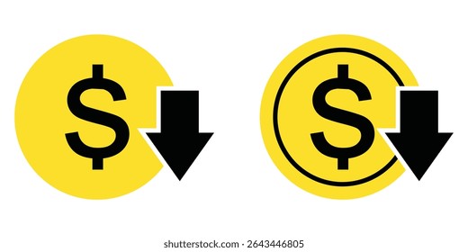 Cost Reduction icon set vector for computer, web and mobile apps. Dollar down icon. Dollar symbol isolated on white background.