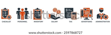 Cost reduction icon set. Vector illustration concept with icon of checklist, personnel, inventory, salary, tax, advertising and administration icons. Solid color vector symbol background.