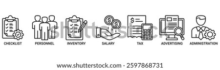 Cost reduction icon set. Vector illustration concept with icon of checklist, personnel, inventory, salary, tax, advertising and administration icons. Outline vector symbol background.