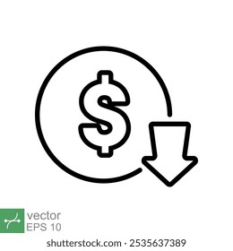Cost reduction icon. Simple outline style. Dollar low, down, money with arrow, finance, investment, business concept design. Thin line vector illustration isolated on white background. EPS 10.
