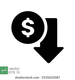 Cost reduction icon. Simple solid style. Dollar low, down, money with arrow, finance, investment, business concept design. Glyph vector illustration isolated on white background. EPS 10.