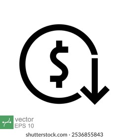 Cost reduction icon. Simple solid style. Dollar low, down, money with arrow, finance, investment, business concept design. Glyph vector illustration isolated on white background. EPS 10.