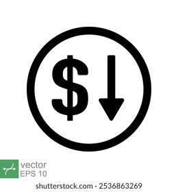 Cost reduction icon. Simple solid style. Dollar low, down, money with arrow, finance, investment, business concept design. Glyph vector illustration isolated on white background. EPS 10.