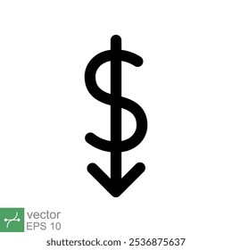 Cost reduction icon. Simple solid style. Dollar low, down, money with arrow, finance, investment, business concept design. Glyph vector illustration isolated on white background. EPS 10.