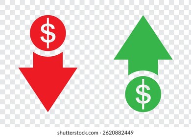 cost reduction icon vector. dollar decrease sign. profit decrease symbol. cost saving sign. vector illustration on transparent background