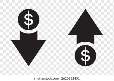 cost reduction icon vector. dollar decrease sign. profit decrease symbol. cost saving sign. vector illustration on transparent background