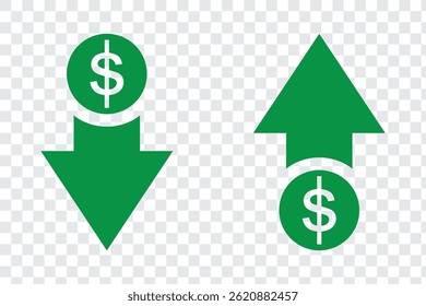 cost reduction icon vector. dollar decrease sign. profit decrease symbol. cost saving sign. vector illustration on transparent background