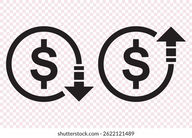 Icono de reducción de costos. Vector de disminución de dólares. símbolo de disminución de ganancias. signo de ahorro de costos. Ilustración vectorial sobre fondo transparente.