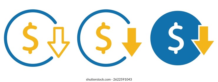cost reduction icon vector. Reduce costs sign and symbol vector design. Dollar down icon set.