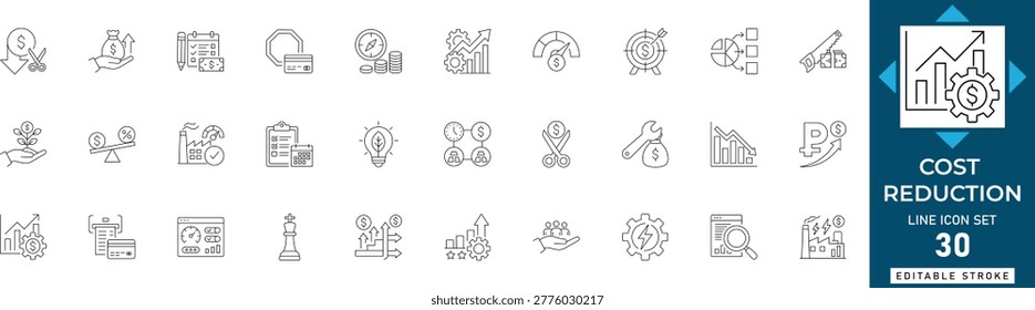 Cost Reduction Icons Expense Management, Budget Cutting and Financial Efficiency Line Symbols