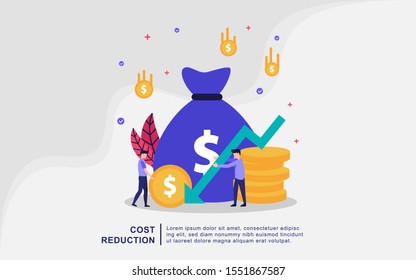 Cost reduction illustration concept with tiny people. Sales decline, crisis financial, financial down. Flat design concept for landing page, presentation, marketing resource