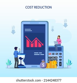 Cost reduction illustration concept with tiny people. Sales decline, crisis financial.	