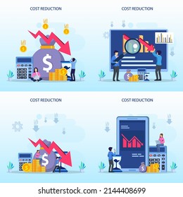 Cost reduction illustration concept with tiny people. Sales decline, crisis financial.	