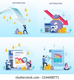 Cost reduction illustration concept with tiny people. Sales decline, crisis financial.	