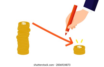 Cost reduction image,hand holding  red pencil,draw red arrow,white isolated,vector